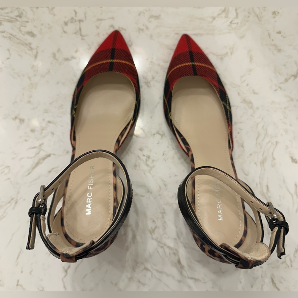 Marc Fisher Tartan Plaid Leopard Ankle Strap Block Heels 6 - Picture 6 of 12